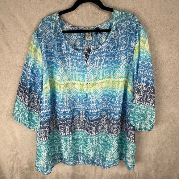 Catherines Top Womens 3XWP Blue Santa Fe Aztec Lightweight Bright Beach Peasant - Picture 1 of 10